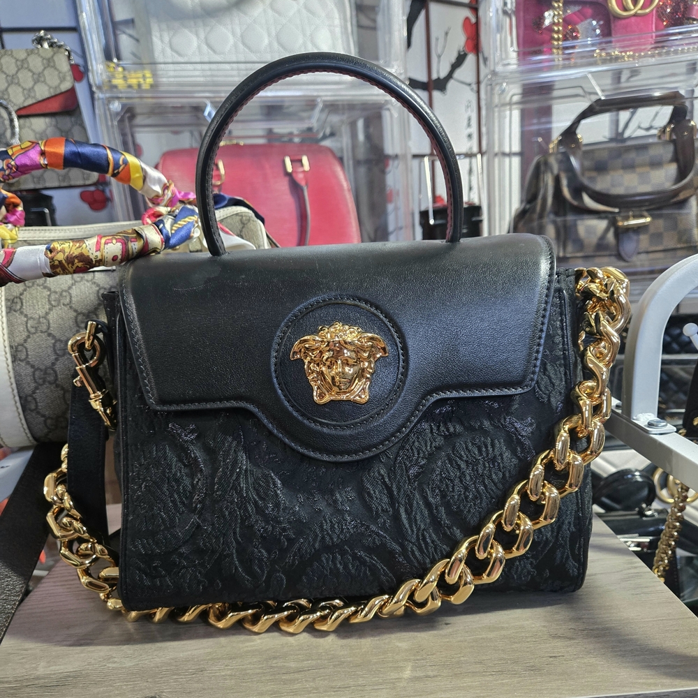 Versace Black Satchel with Gold Chain. LIKE NEW. Made In 2023, Fullset.